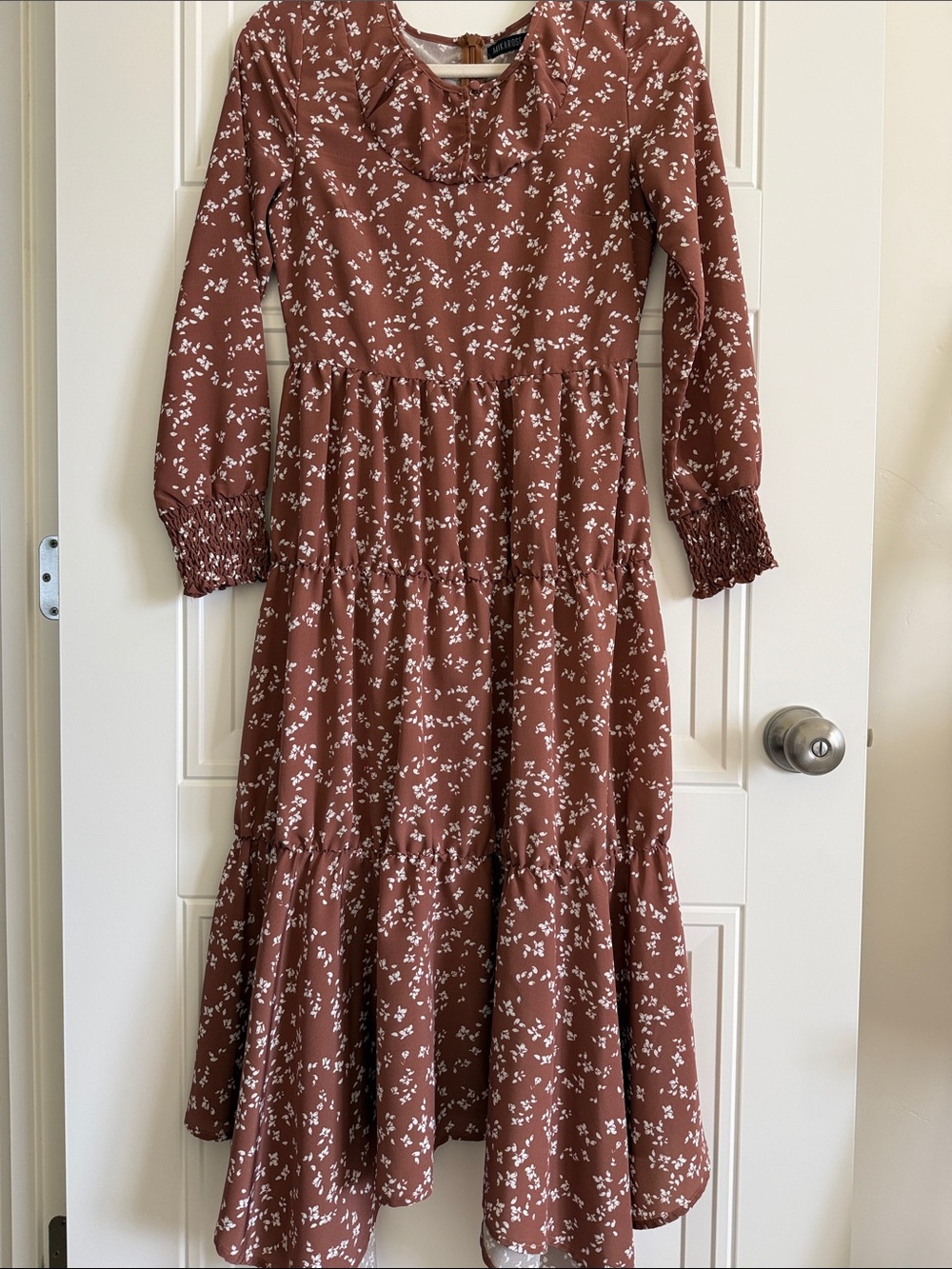 Mikarose Rust Floral Tiered Long Sleeve Midi Dress